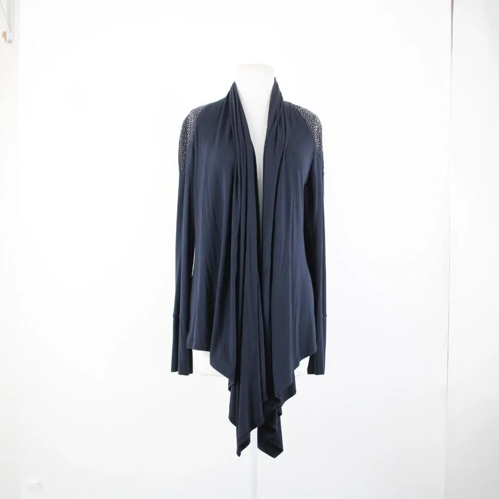 S Twelve $59 Sz M Navy Blue Gunmetal Studded Shoulders Collared Rayon Wrap - Picture 12 of 16